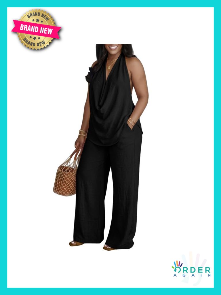 2 Piece Sets For Women Cowl Neck Backless Halter Top And Wide Leg Pants Travel